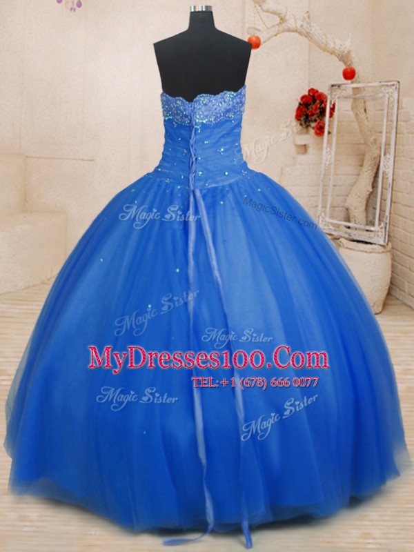 Blue Lace Up Strapless Beading 15 Quinceanera Dress Tulle Sleeveless