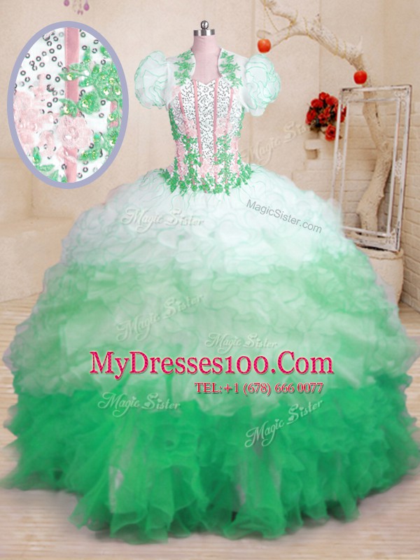 Fantastic With Train Lace Up Quinceanera Gown Multi-color for Military Ball and Sweet 16 and Quinceanera with Beading and Appliques and Ruffles Brush Train