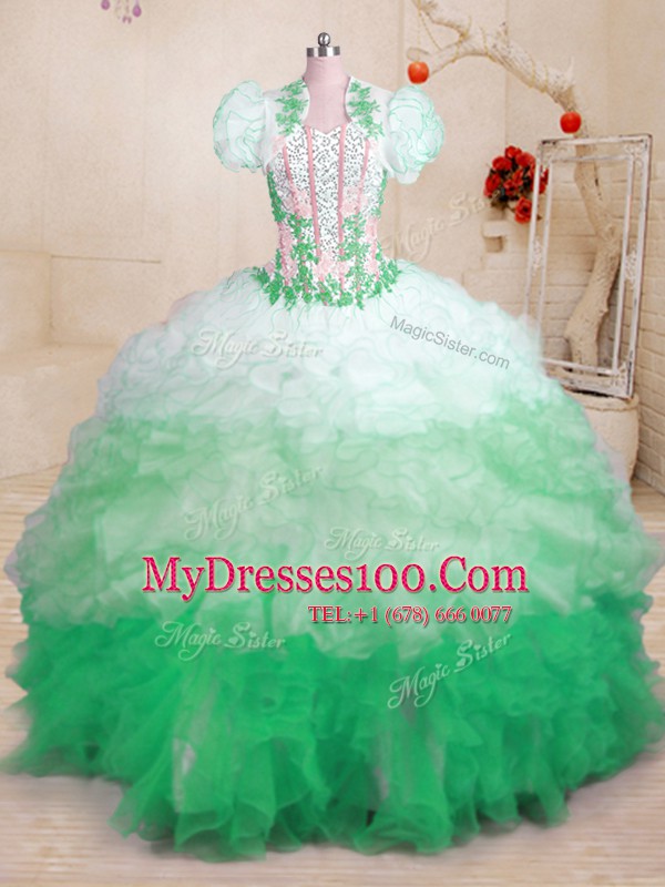 Fantastic With Train Lace Up Quinceanera Gown Multi-color for Military Ball and Sweet 16 and Quinceanera with Beading and Appliques and Ruffles Brush Train