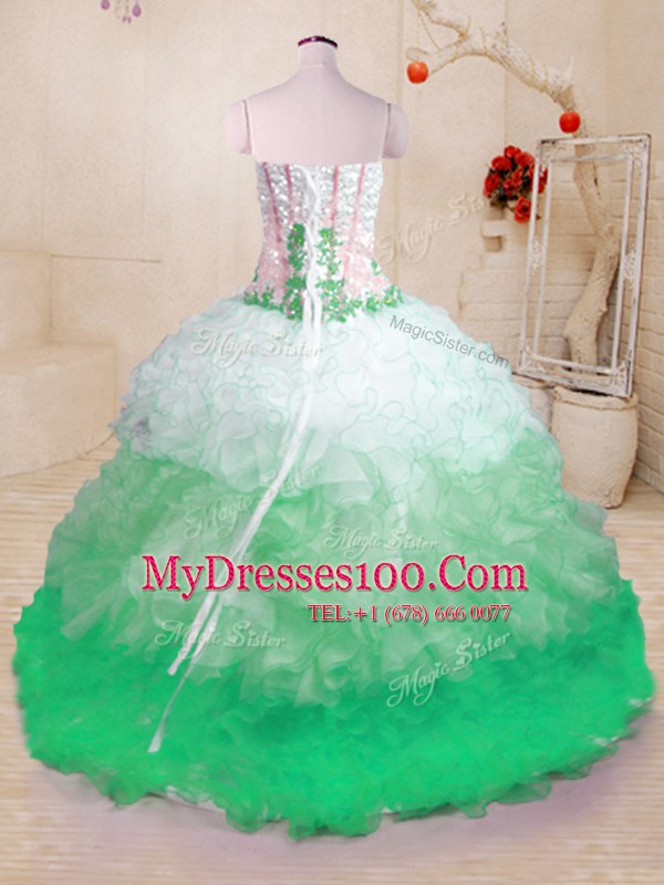 Fantastic With Train Lace Up Quinceanera Gown Multi-color for Military Ball and Sweet 16 and Quinceanera with Beading and Appliques and Ruffles Brush Train