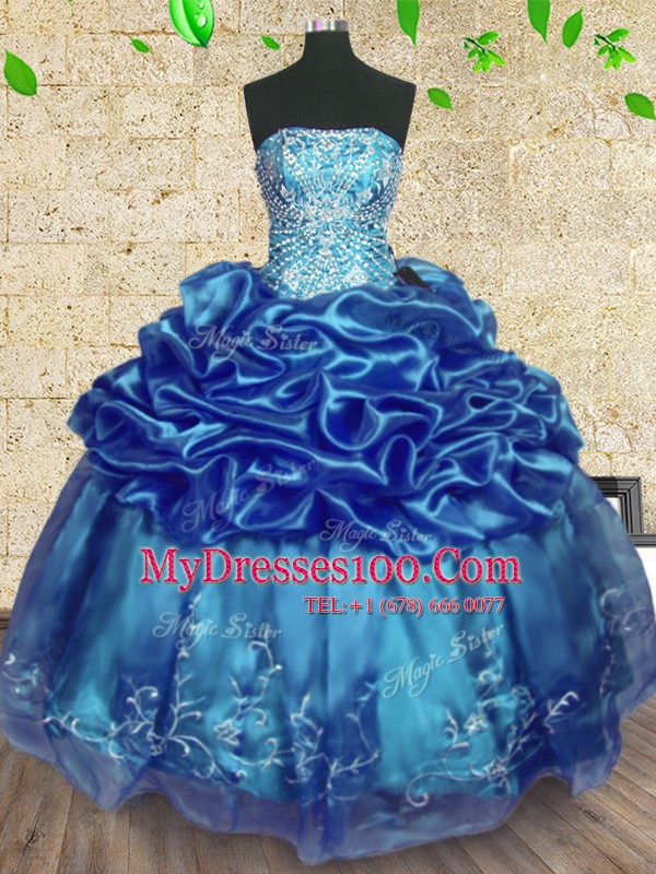 Gorgeous Strapless Sleeveless 15 Quinceanera Dress Floor Length Beading and Embroidery and Ruffles Teal Organza