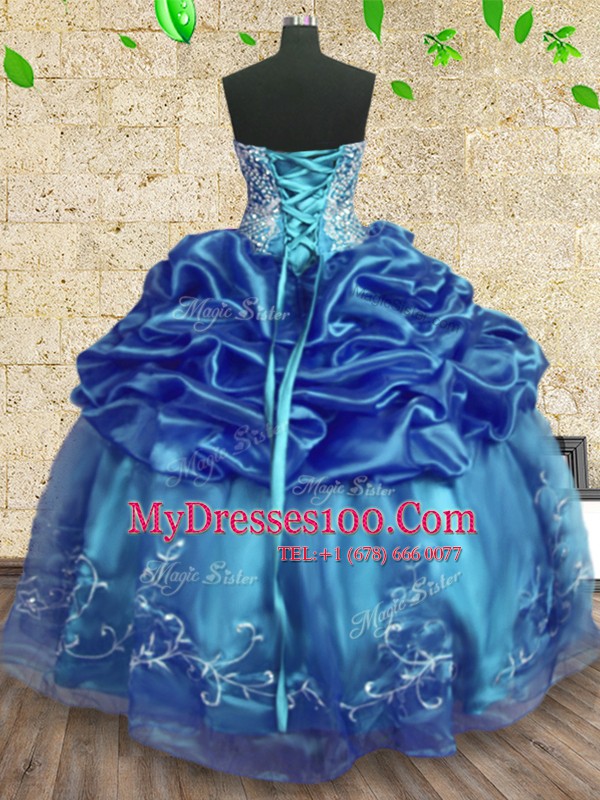 Gorgeous Strapless Sleeveless 15 Quinceanera Dress Floor Length Beading and Embroidery and Ruffles Teal Organza