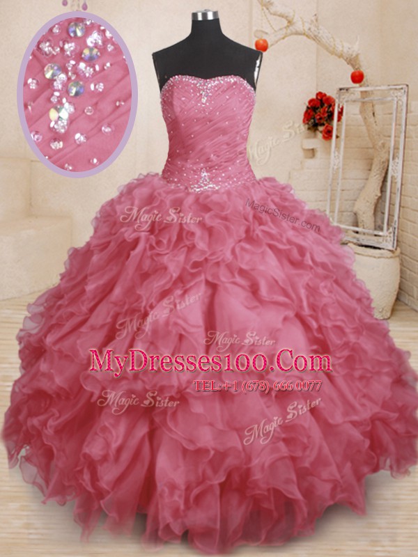Lovely Pink Sleeveless Organza Lace Up Sweet 16 Dress for Military Ball and Sweet 16 and Quinceanera
