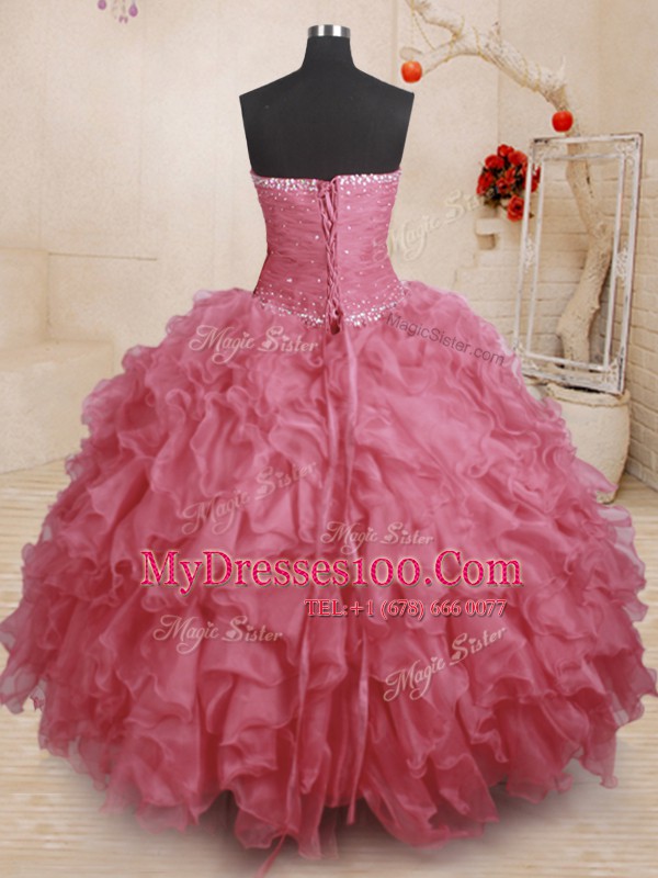 Lovely Pink Sleeveless Organza Lace Up Sweet 16 Dress for Military Ball and Sweet 16 and Quinceanera