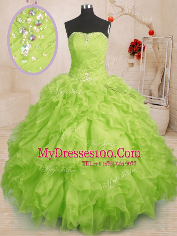 Dazzling Yellow Green Sleeveless Beading and Ruffles and Ruching Floor Length Sweet 16 Dresses