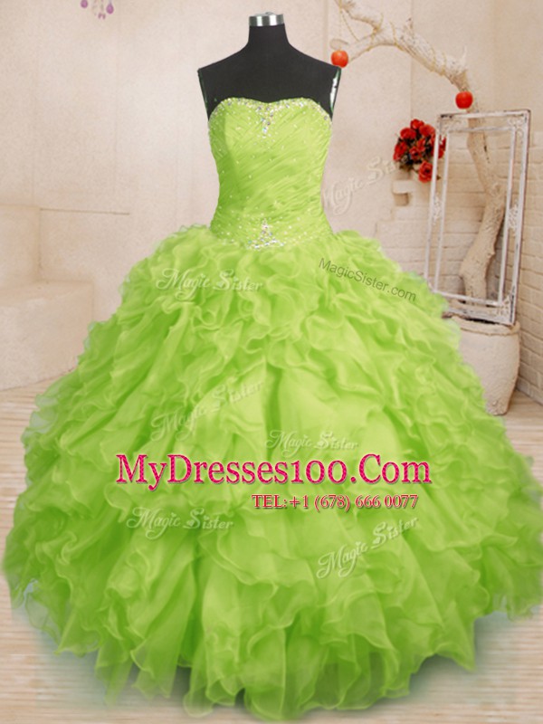 Dazzling Yellow Green Sleeveless Beading and Ruffles and Ruching Floor Length Sweet 16 Dresses