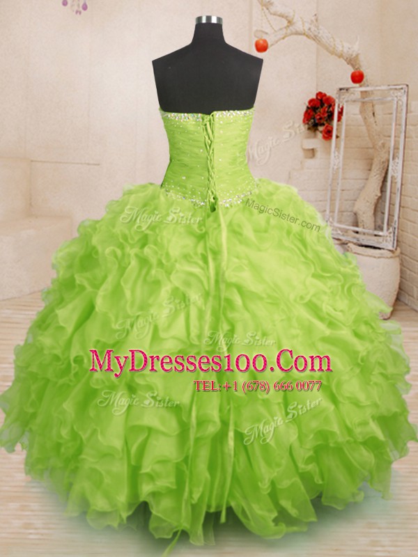 Dazzling Yellow Green Sleeveless Beading and Ruffles and Ruching Floor Length Sweet 16 Dresses