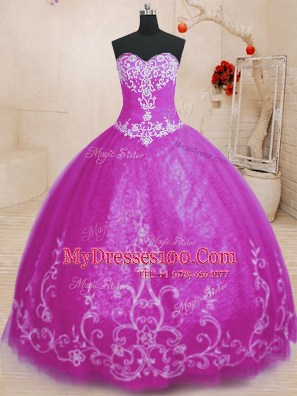 Fuchsia Lace Up Sweet 16 Quinceanera Dress Beading and Embroidery Sleeveless Floor Length