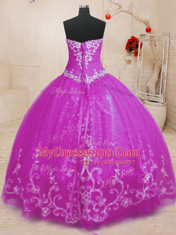Fuchsia Lace Up Sweet 16 Quinceanera Dress Beading and Embroidery Sleeveless Floor Length