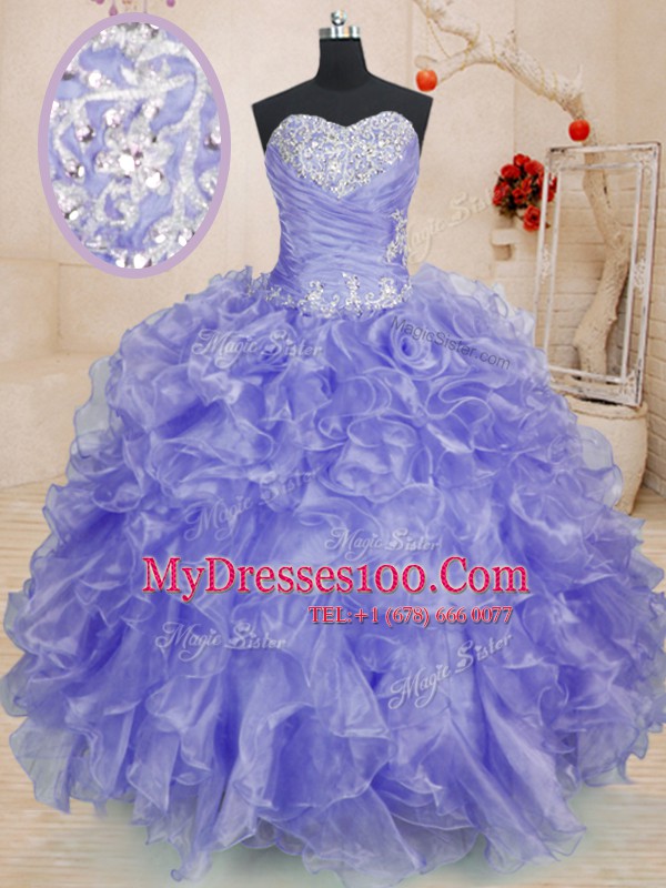 Super Long Sleeves Organza Floor Length Lace Up Quinceanera Gown in Lavender with Beading and Ruffles