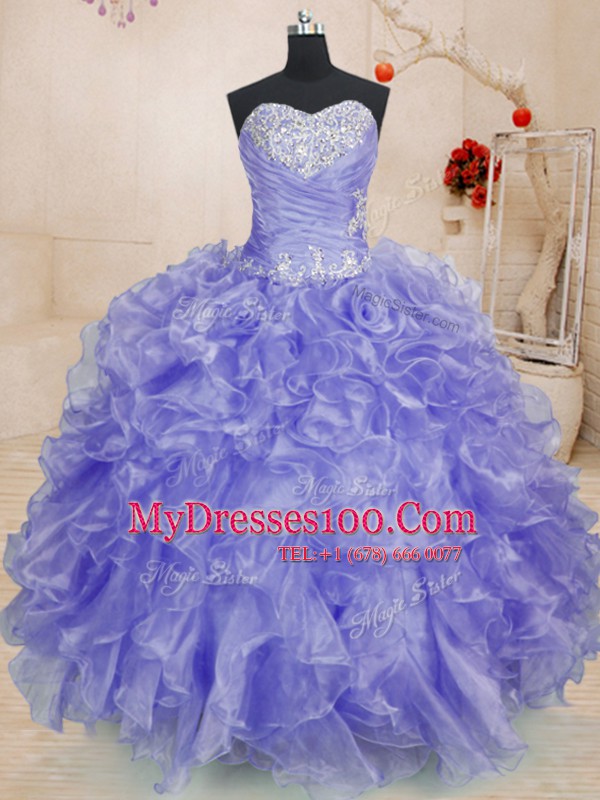 Super Long Sleeves Organza Floor Length Lace Up Quinceanera Gown in Lavender with Beading and Ruffles