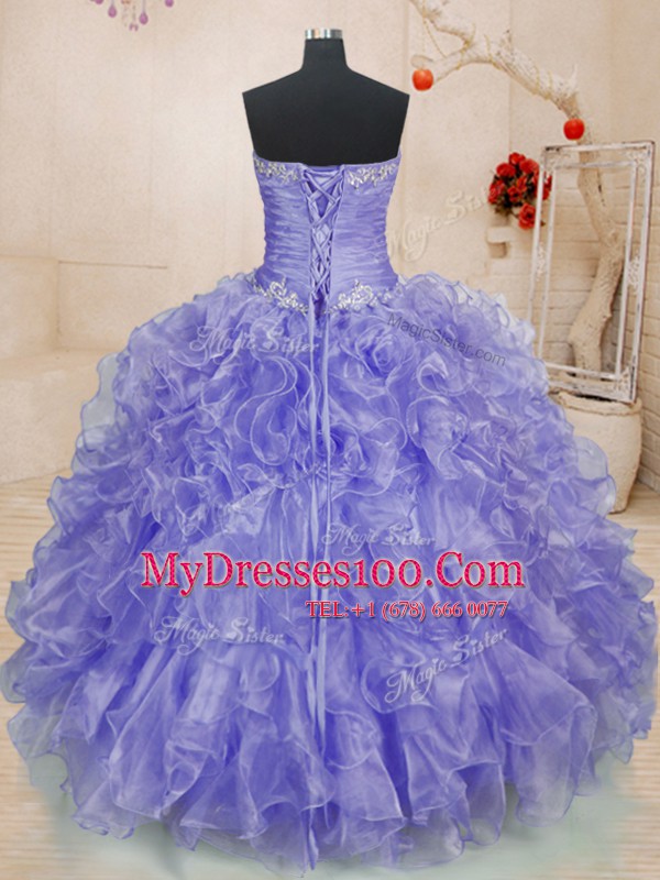 Super Long Sleeves Organza Floor Length Lace Up Quinceanera Gown in Lavender with Beading and Ruffles