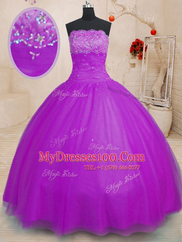 Trendy Purple Ball Gowns Beading 15 Quinceanera Dress Lace Up Tulle Sleeveless Floor Length