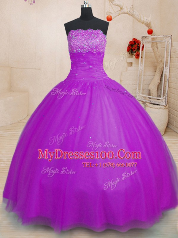 Trendy Purple Ball Gowns Beading 15 Quinceanera Dress Lace Up Tulle Sleeveless Floor Length