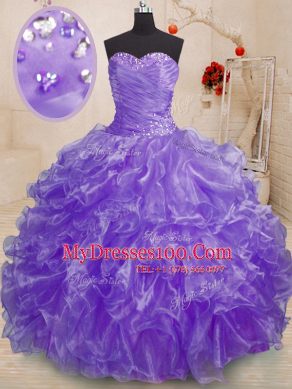 Unique Sleeveless Organza Floor Length Lace Up Quinceanera Dresses in Lavender with Beading and Ruffles