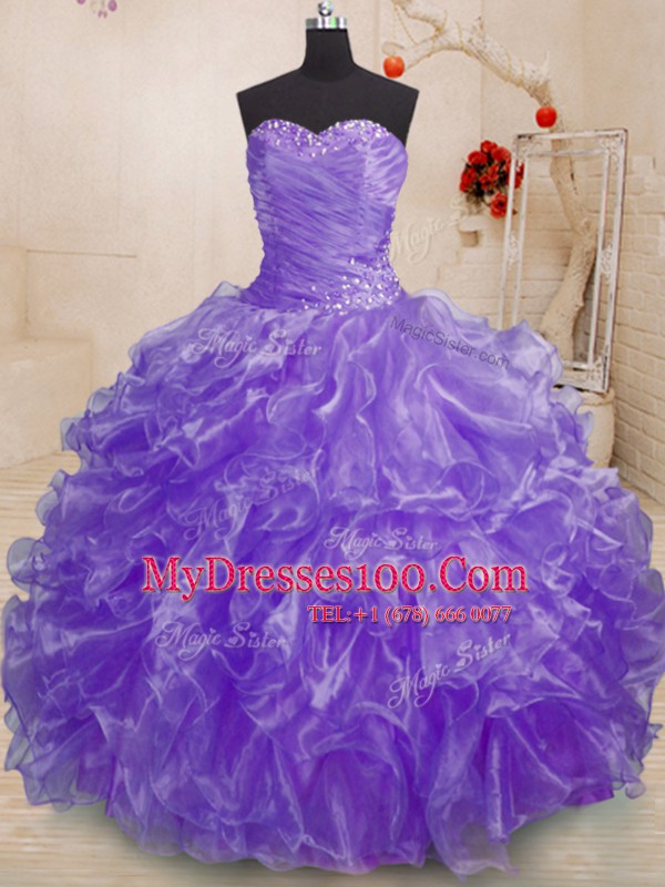 Unique Sleeveless Organza Floor Length Lace Up Quinceanera Dresses in Lavender with Beading and Ruffles