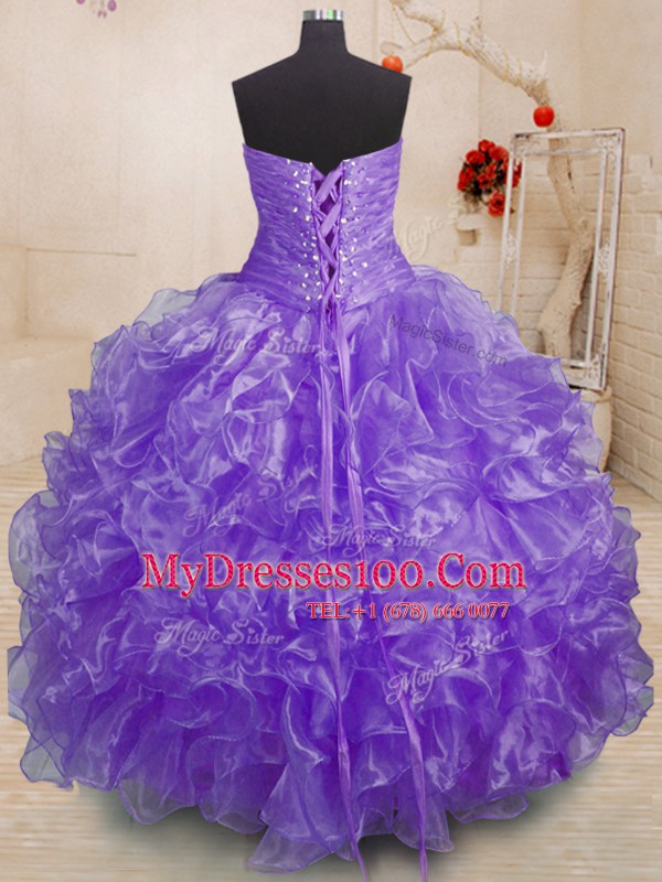 Unique Sleeveless Organza Floor Length Lace Up Quinceanera Dresses in Lavender with Beading and Ruffles