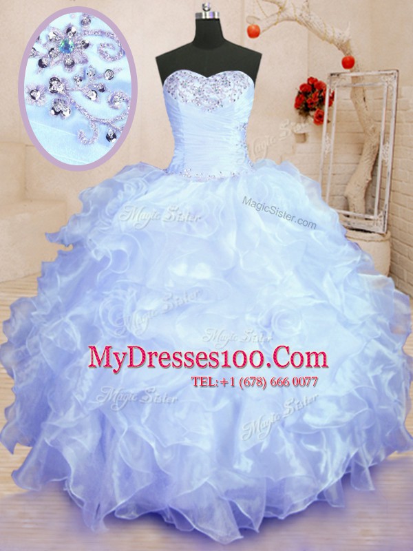 Decent Lavender Ball Gowns Organza Sweetheart Sleeveless Beading and Ruffles Floor Length Lace Up Sweet 16 Quinceanera Dress