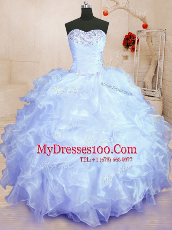 Decent Lavender Ball Gowns Organza Sweetheart Sleeveless Beading and Ruffles Floor Length Lace Up Sweet 16 Quinceanera Dress
