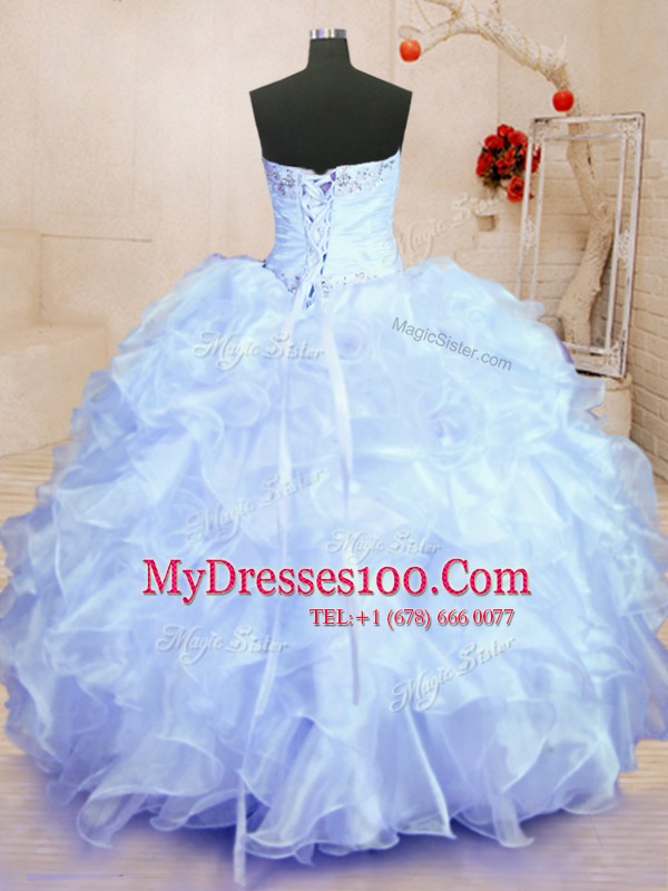 Decent Lavender Ball Gowns Organza Sweetheart Sleeveless Beading and Ruffles Floor Length Lace Up Sweet 16 Quinceanera Dress