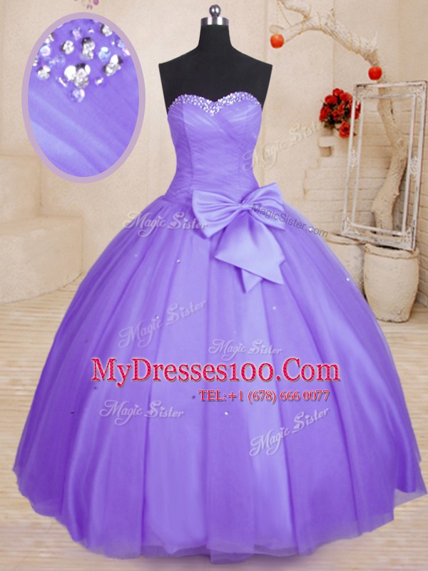 Lavender Tulle Lace Up Quinceanera Gown Sleeveless Floor Length Beading and Bowknot