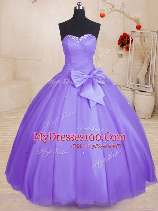 Lavender Tulle Lace Up Quinceanera Gown Sleeveless Floor Length Beading and Bowknot