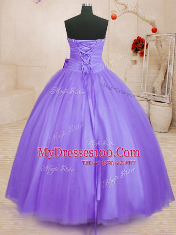 Lavender Tulle Lace Up Quinceanera Gown Sleeveless Floor Length Beading and Bowknot