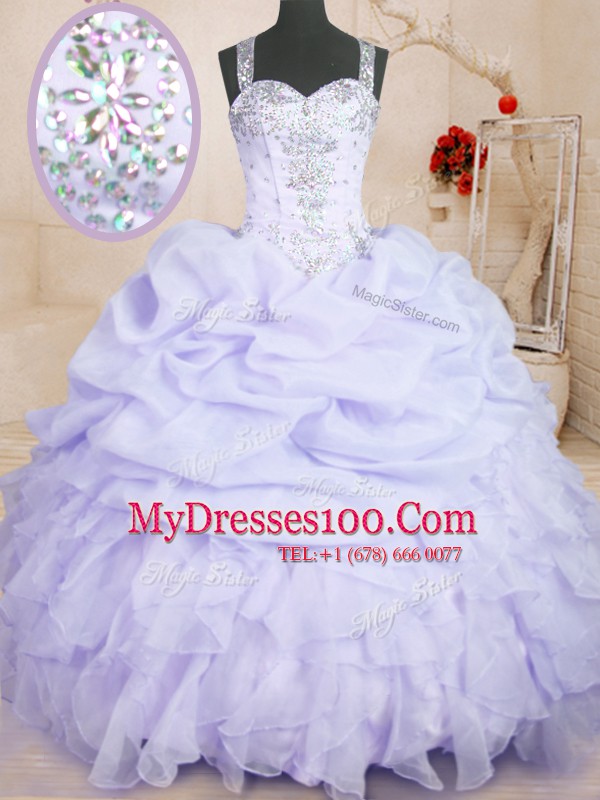 Lavender Sleeveless Beading and Ruffles and Pick Ups Floor Length Quinceanera Gowns