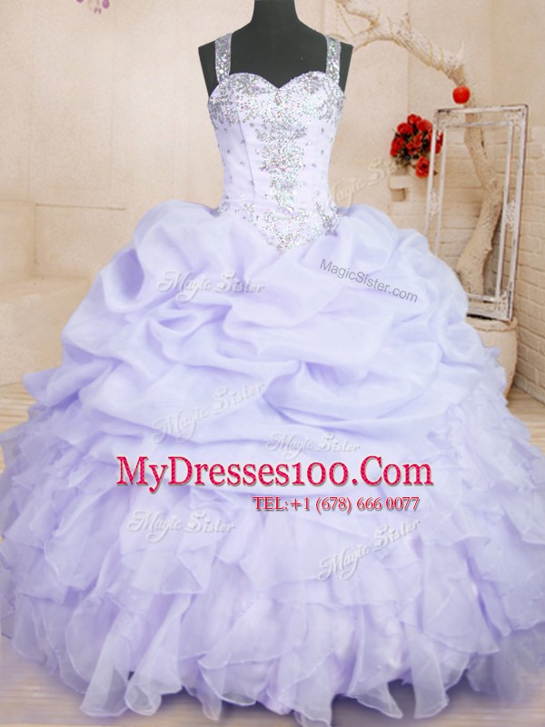 Lavender Sleeveless Beading and Ruffles and Pick Ups Floor Length Quinceanera Gowns