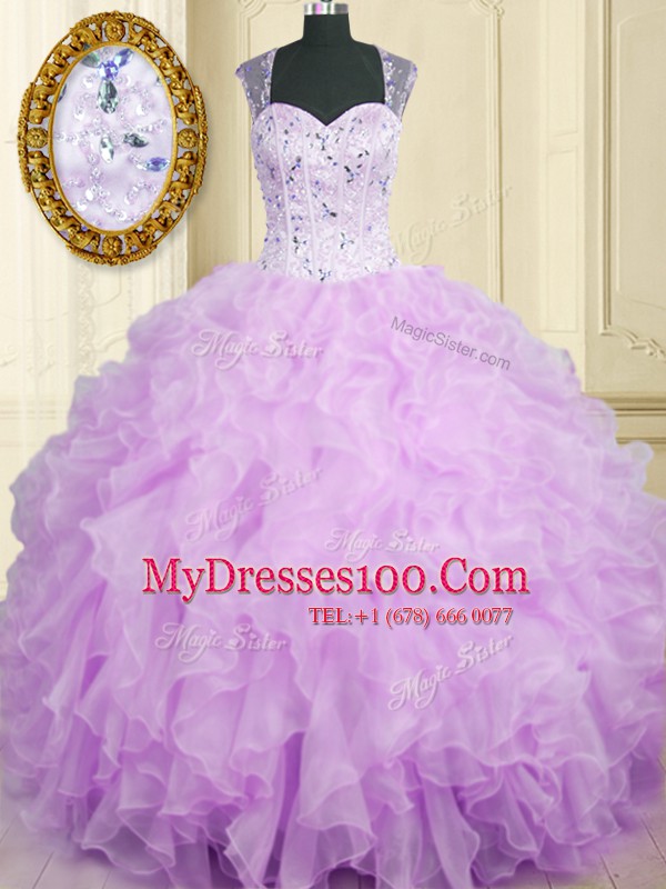 Lavender Ball Gowns Organza Straps Sleeveless Beading and Ruffles Floor Length Zipper Sweet 16 Quinceanera Dress