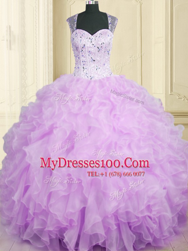 Lavender Ball Gowns Organza Straps Sleeveless Beading and Ruffles Floor Length Zipper Sweet 16 Quinceanera Dress