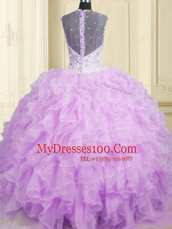 Lavender Ball Gowns Organza Straps Sleeveless Beading and Ruffles Floor Length Zipper Sweet 16 Quinceanera Dress