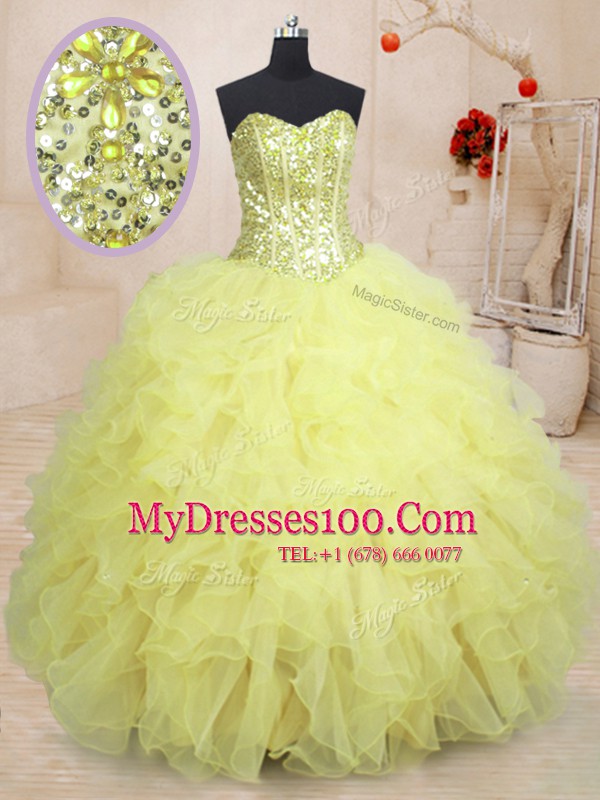 Adorable Floor Length Ball Gowns Sleeveless Light Yellow 15 Quinceanera Dress Lace Up