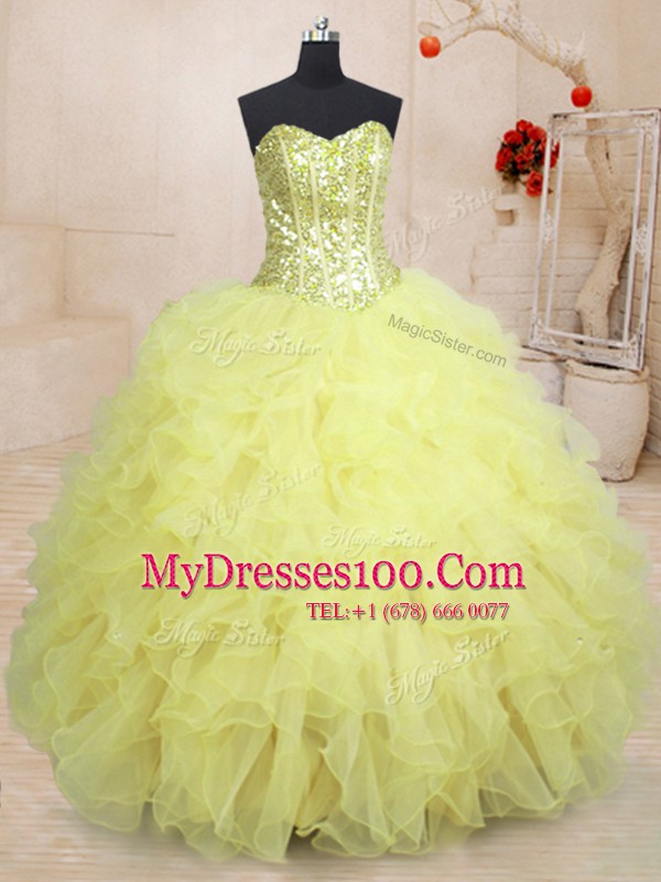 Adorable Floor Length Ball Gowns Sleeveless Light Yellow 15 Quinceanera Dress Lace Up