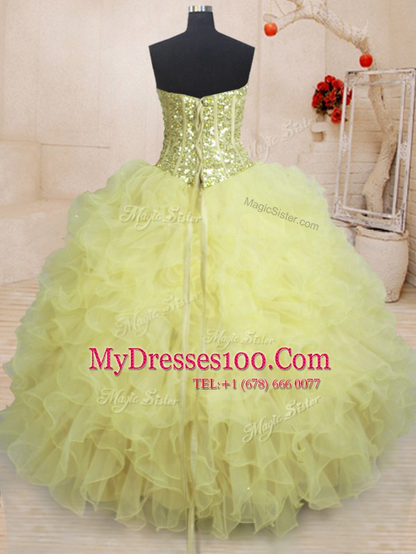 Adorable Floor Length Ball Gowns Sleeveless Light Yellow 15 Quinceanera Dress Lace Up