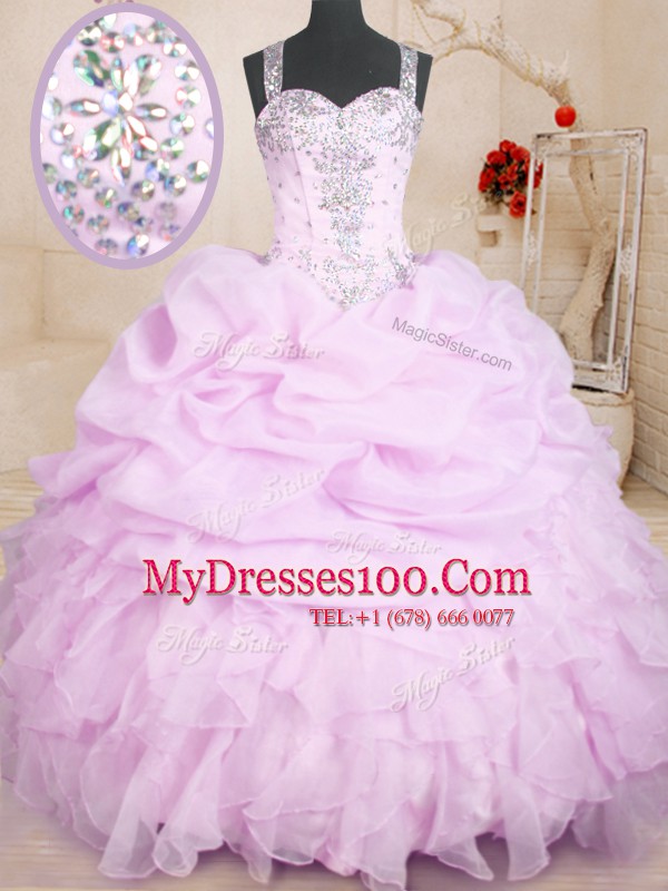 Straps Sleeveless 15 Quinceanera Dress Floor Length Beading and Ruffles and Pick Ups Lilac Organza