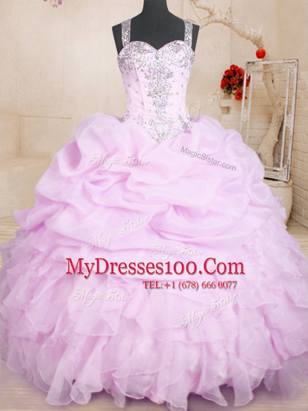 Straps Sleeveless 15 Quinceanera Dress Floor Length Beading and Ruffles and Pick Ups Lilac Organza