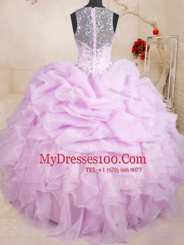 Straps Sleeveless 15 Quinceanera Dress Floor Length Beading and Ruffles and Pick Ups Lilac Organza