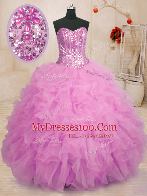 Discount Sweetheart Sleeveless Sweet 16 Quinceanera Dress Floor Length Beading and Ruffles Lilac Organza