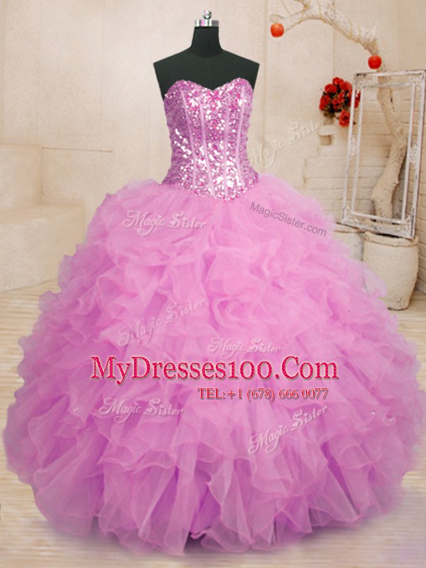 Discount Sweetheart Sleeveless Sweet 16 Quinceanera Dress Floor Length Beading and Ruffles Lilac Organza