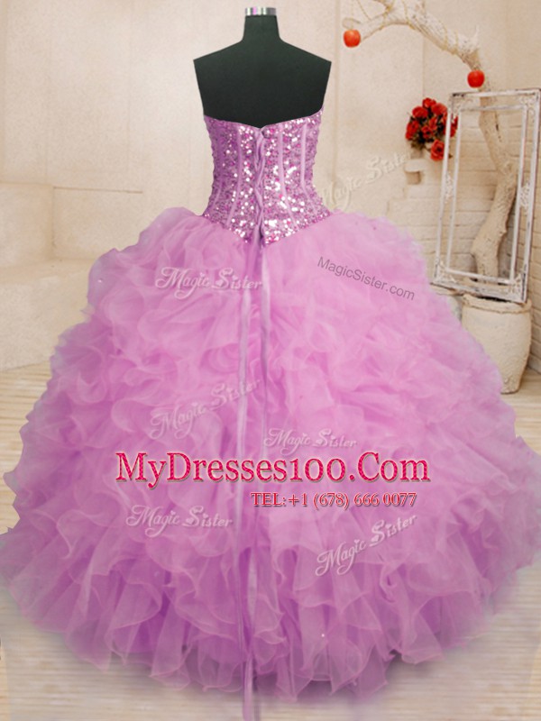 Discount Sweetheart Sleeveless Sweet 16 Quinceanera Dress Floor Length Beading and Ruffles Lilac Organza