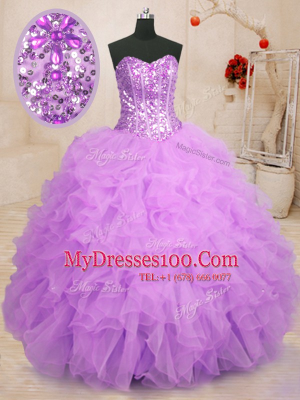 Beading and Ruffles Ball Gown Prom Dress Lilac Lace Up Sleeveless Floor Length