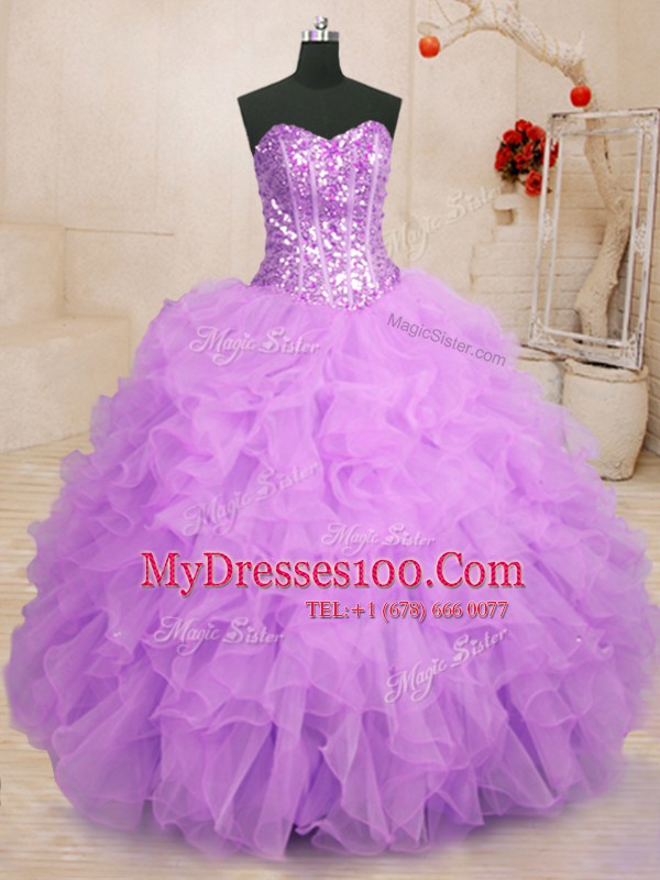 Beading and Ruffles Ball Gown Prom Dress Lilac Lace Up Sleeveless Floor Length