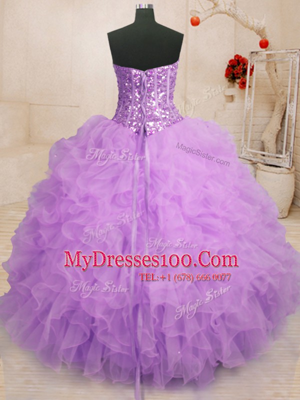 Beading and Ruffles Ball Gown Prom Dress Lilac Lace Up Sleeveless Floor Length