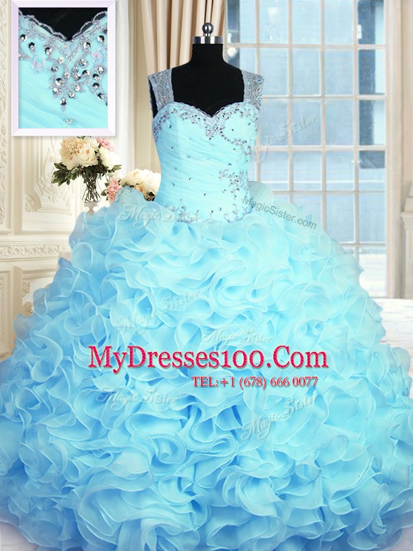High Quality Sleeveless Organza Floor Length Zipper Sweet 16 Quinceanera Dress in Aqua Blue with Beading and Ruffles