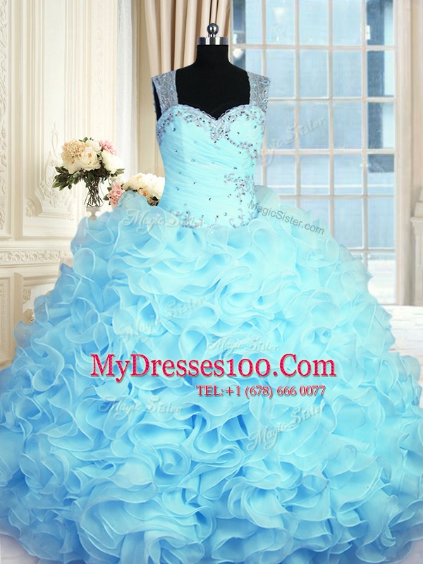 High Quality Sleeveless Organza Floor Length Zipper Sweet 16 Quinceanera Dress in Aqua Blue with Beading and Ruffles