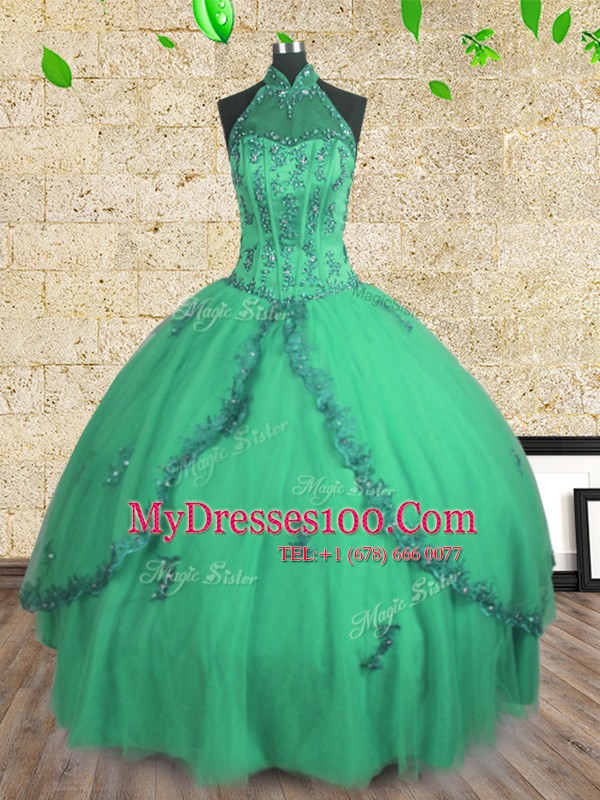 Pretty Halter Top Turquoise Ball Gowns Beading Sweet 16 Quinceanera Dress Lace Up Tulle Sleeveless Floor Length