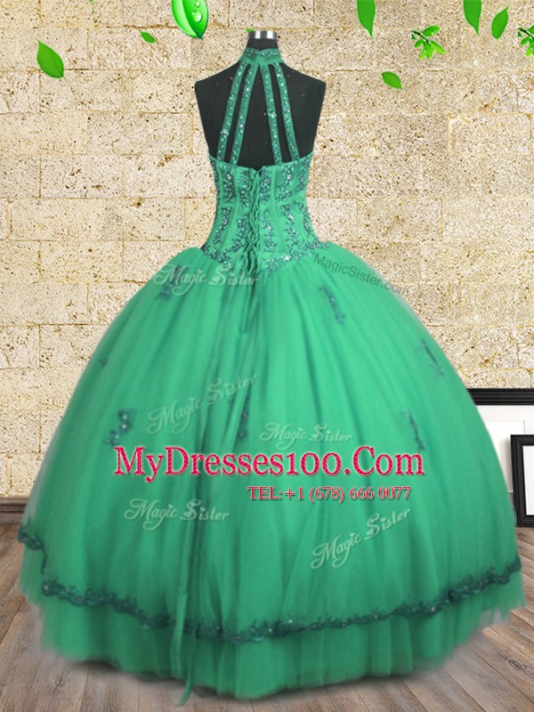 Pretty Halter Top Turquoise Ball Gowns Beading Sweet 16 Quinceanera Dress Lace Up Tulle Sleeveless Floor Length
