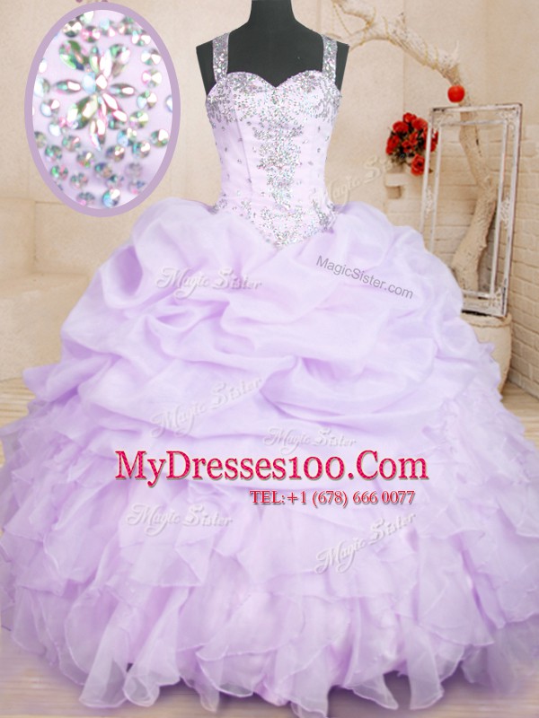 Floor Length Lavender 15th Birthday Dress Organza Sleeveless Beading and Ruffles and Pick Ups