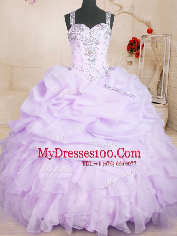 Floor Length Lavender 15th Birthday Dress Organza Sleeveless Beading and Ruffles and Pick Ups